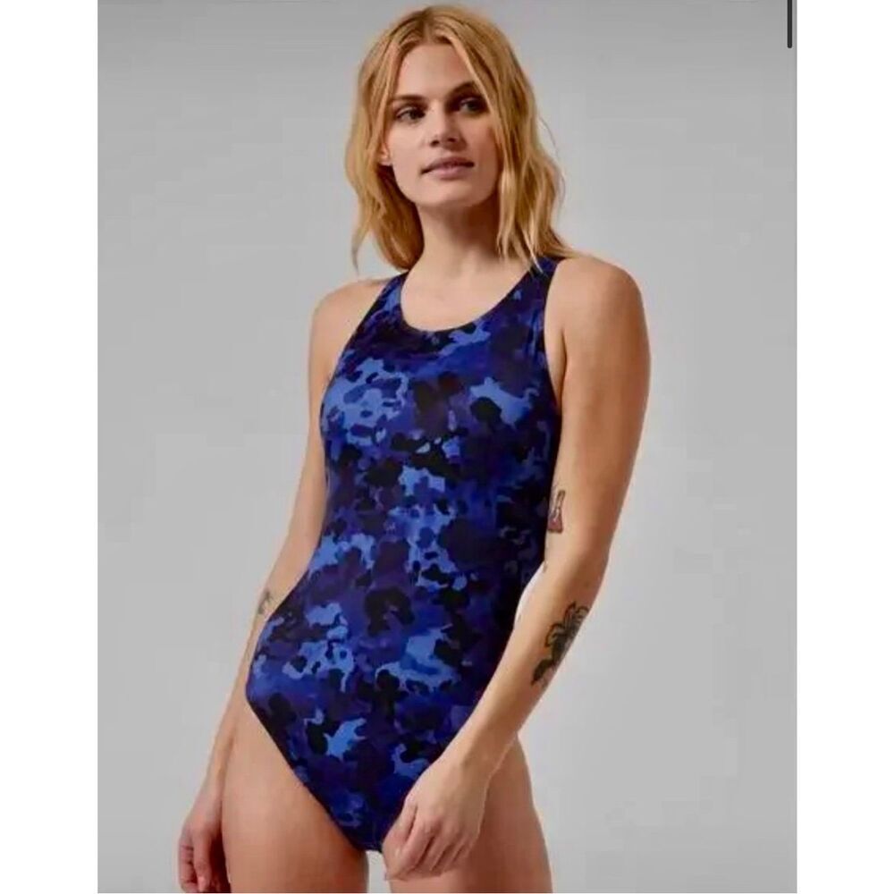 Athleta Freestyle blue camo 34 tie back sporty one piece swimsuit